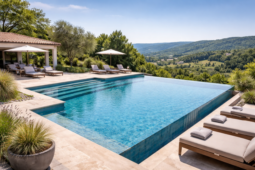 Piscine à débordement sur un paysage verdoyant DCMEV piscines Tarn
